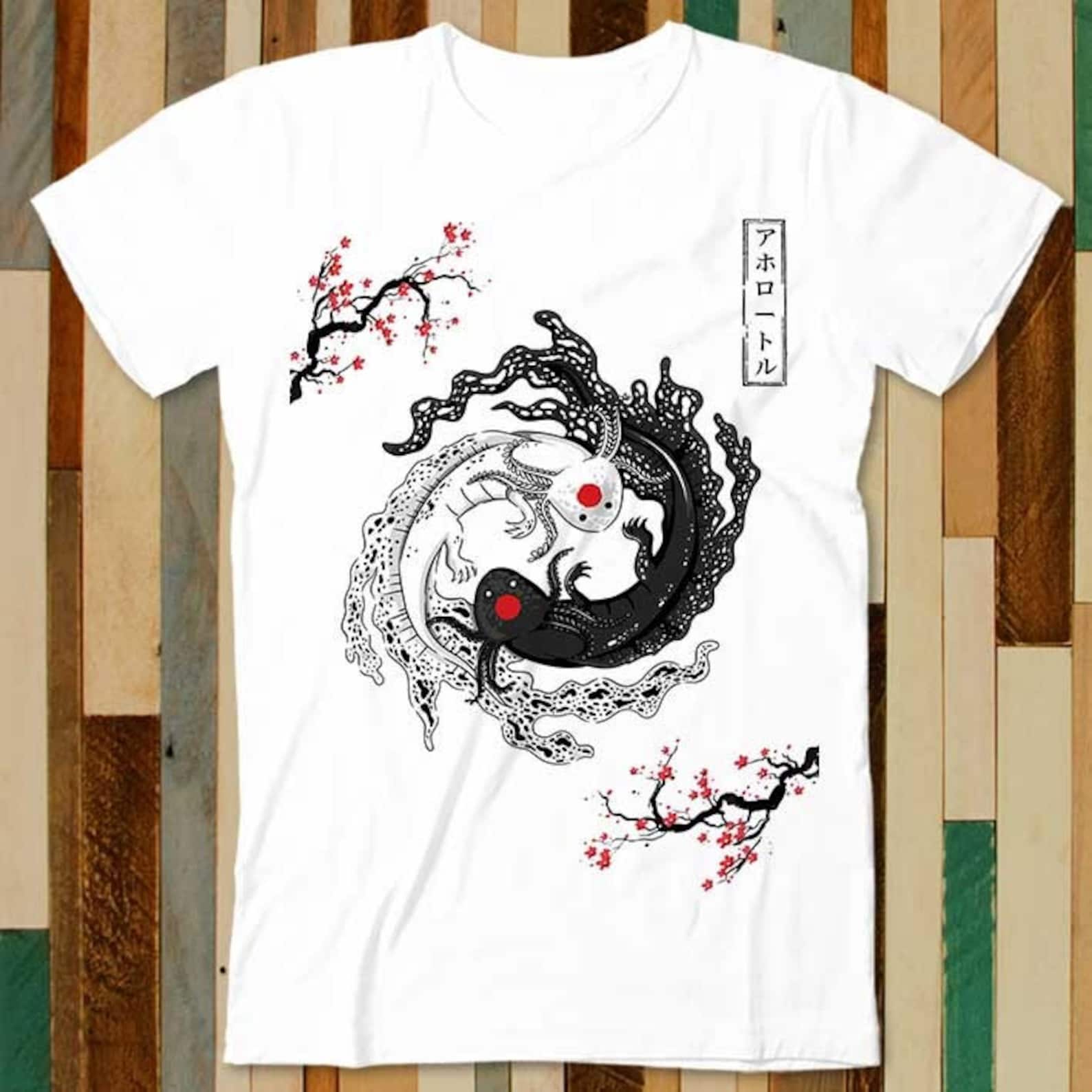 Japanese Yin Yang Axolotl Couple T Shirt Adult Unisex Men Women Retro Design Tee Vintage Top A4860 S