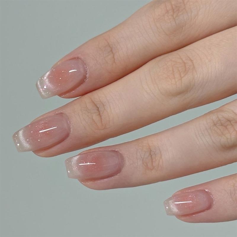 Square Press On Nail Cats Eye Fake Nail with Busher Design Full Cover Glues On Nail Glossy Acrylic Nail Artificial Nai