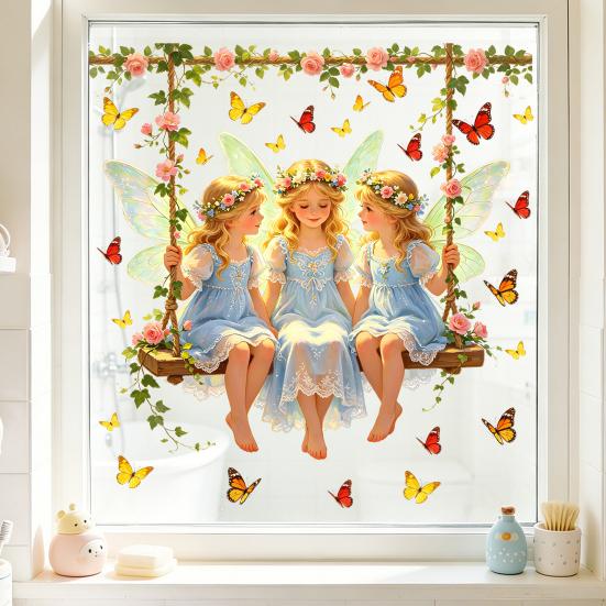 Fairy Window Sticker, Watercolor 4 Fairies Swing Window Cling, Colorful Flowers Butterflies Static Glass Decal for Kids Room Bedroom
