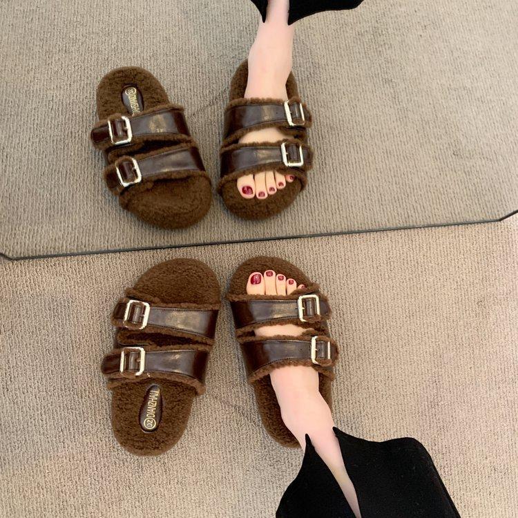 [Frittes Hähnchen sieht gut aus] Haarmop, Hausschuhe mit dicker Sohle für Damen zum Tragen, hochwertig, lässig und vielseitig, einwortiger Mopp-Haarschuh