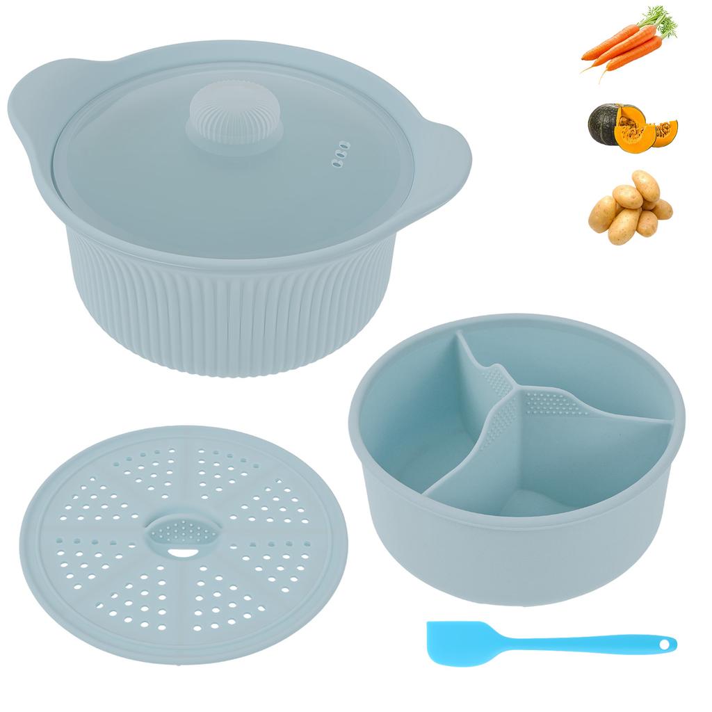 42oz Microwave Silicone Steamer 3 Compartment Microwave Pot with Handle and Lid Reusable Microwave Vegetable Steamer for Kitchen