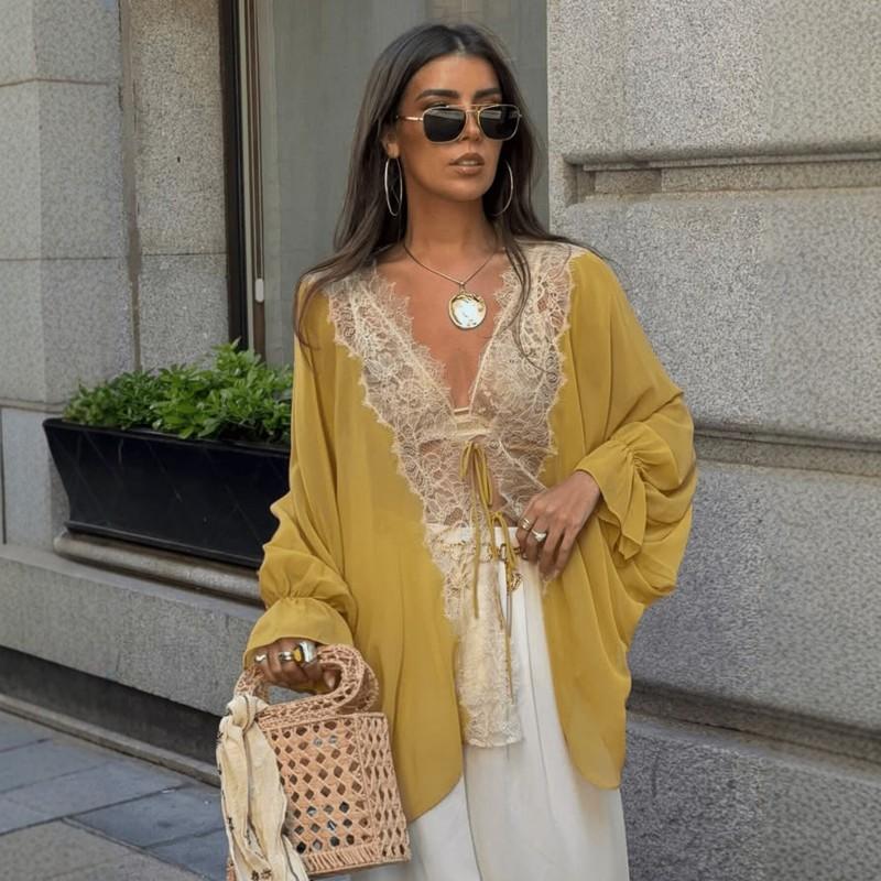 Womens Lace-Trimmed Chiffon Cover-Up Shirt V-Neck Long Sleeve Tie-Front Top Loose Fit