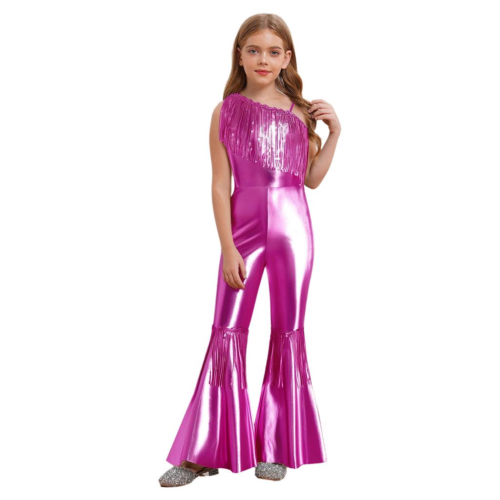 Combinaison Fille Paillettes Brillantes Design Sans Manches Décolleté Bardot Ornement à Franges Pantalon Évasé Taille Haute