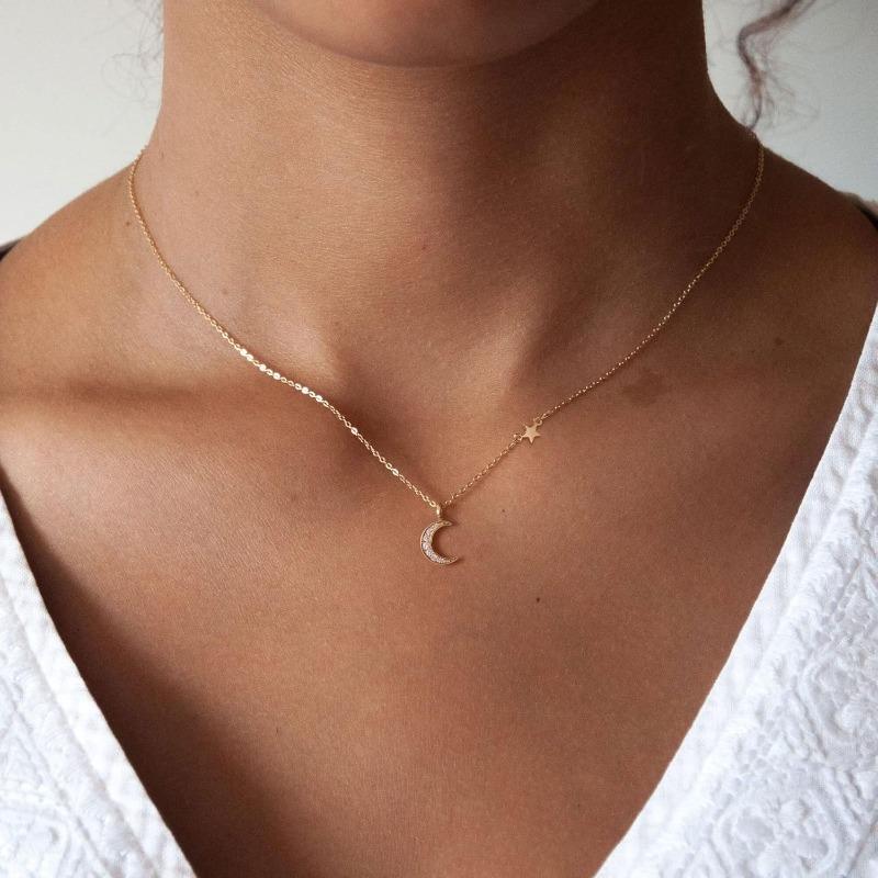 14K Gold Plated Necklaces for Women -s925 Sterling Silver Dainty Diamond Moon and Star Choker Necklace for Girls Fine Jewelry