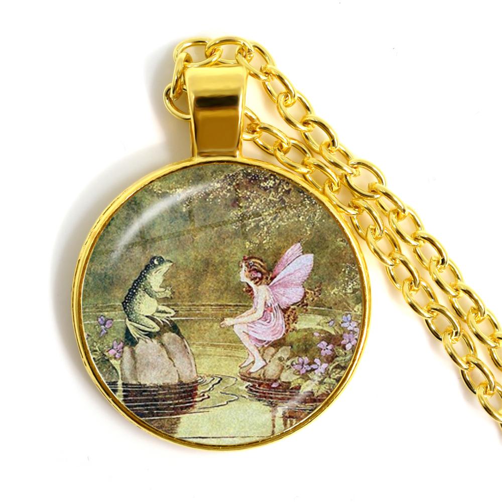 Handmade Vintage Frog Fairy Pendant Necklace Glass Cabochon Fashion Women Charm Jewelry Necklaces and Chains Female