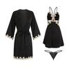 Women's Satin Lace Cami Sleep Dress with Cardigan Long Sleeve Robe Bathrobe Lounge Set