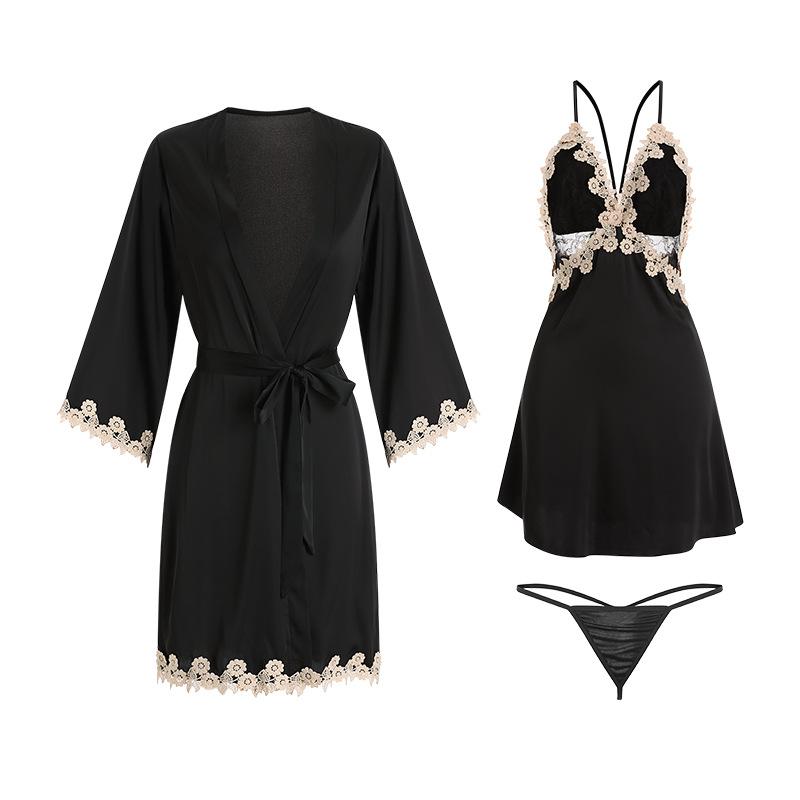 Women's Satin Lace Cami Sleep Dress with Cardigan Long Sleeve Robe Bathrobe Lounge Set