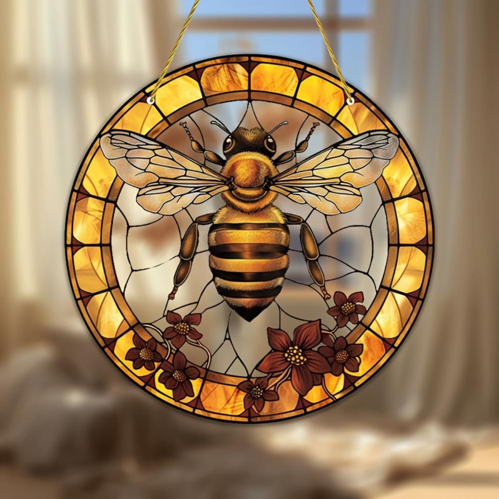 Bee and Flower Stained Glass Catcher, 8x8 inches,Christmas Holiday Themed Window Hanging Decoration, Garden Porch Bedroom Office Art, Decorative Gifts