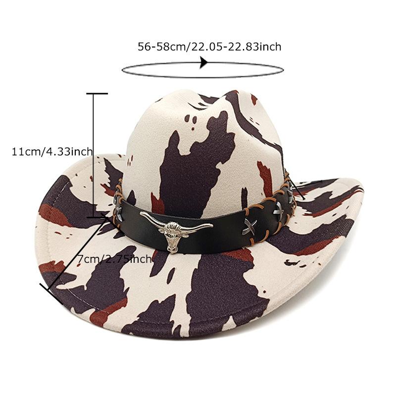 Cow Print Western Cowgirl Hat for Women and Men Fashion Wide Brim Sun Protection Felt Dress Hats with Band Panama Jazz Caps
