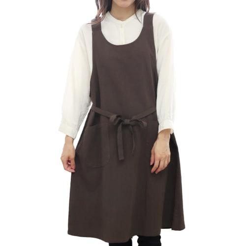 ON NISHIKI Women's Stylish and Cute 100% Cotton Apron, Skin-Friendly, Long, Pull-On, One-Piece Apron with Pockets and Drawstring (Brown, Solid Color: