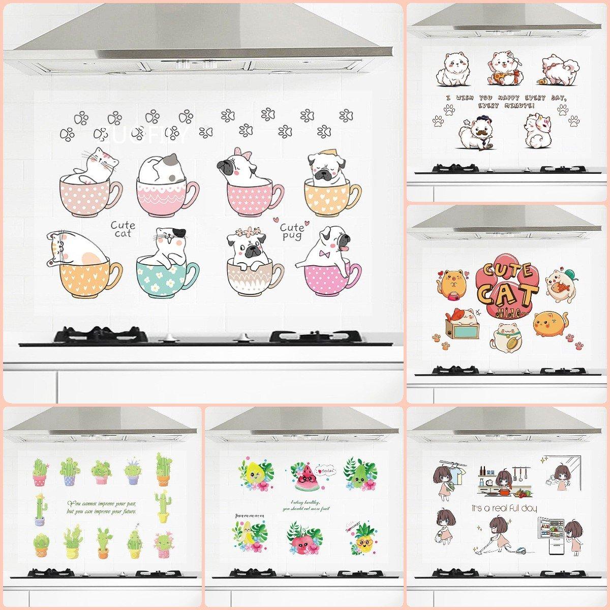 

Милые мультяшные животные, фруктовые растения, прозрачные самоклеящиеся кухонные маслостойкие наклейки, термостойкие водонепроницаемые наклейки для шкафа