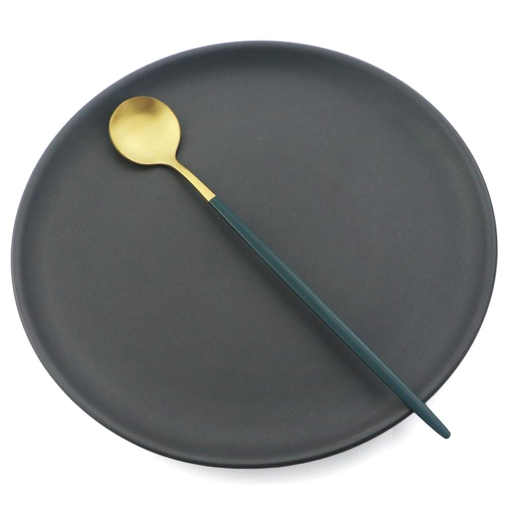 Juego de cucharas con mango largo dorado de 6 uds., juego de cubiertos de acero inoxidable mate, bebida agitadora pulida, helado, postre, cuchara para té, vajilla