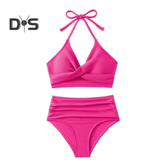 2dílná sada letních bikin, podprsenka s vyztužením a skládaným detailem, sada plavek s vysokým pasem, jednobarevné plavky
