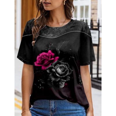 3D Digital bedruckte Sommer-T-Shirts, Pullover, kurzärmeliges, floral bedrucktes, lockeres Damen-T-Shirt mit Rundhalsausschnitt