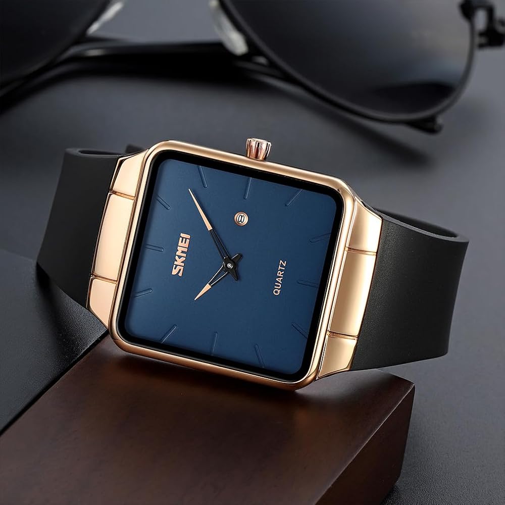 Square Men's Watch Leather Band Black Simple Slim Stylish Waterproof Business Casual Rose Gold Blue