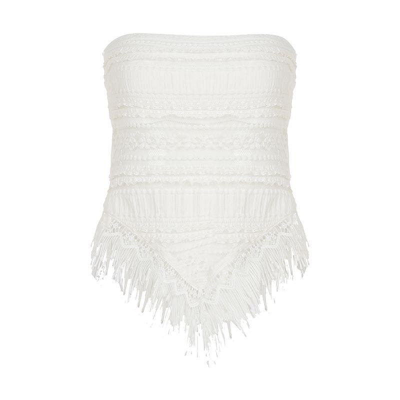 

H Home European and American Women s Clothing Bohemia Pure Desire Asymmetrical Lace Tassel Tube Top Pure Desire Sexy Perspective Short Top White L