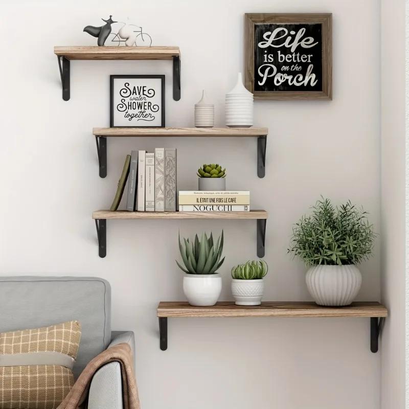 Latest Models Vintage Wooden Floating Shelves Wall-Mounted Rustic Display Storage for Bedroom Living Room Decorative Bookshelves