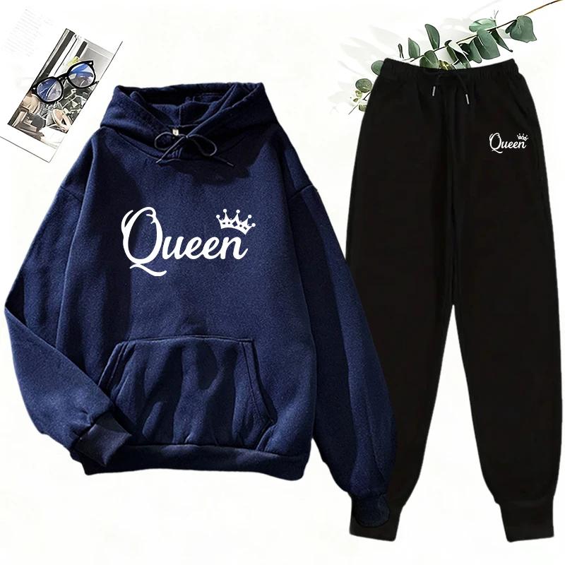 Women's 2 Piece Matching Set Queen Print Hoodie and Sweatpants Casual Street Style Outdoor Sportswear