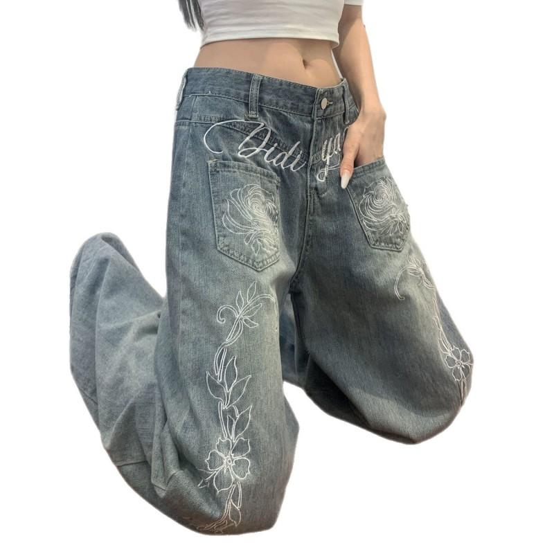 Womens Oversized Retro Floral Embroidered Denim Jeans High-Waisted Loose Straight Cut Comfortable Casual Pants