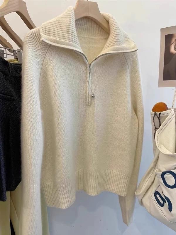 100% Pure Wool Women's Korean Style Lapel Raglan Sleeve Half Zip Loose Knit Sweater