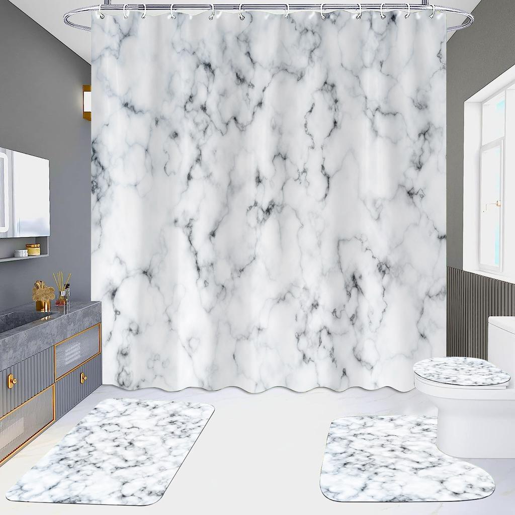 4Pcs Marble Series Shower Curtain Sets for Bathroom Non-Slip Bathroom Rugs Lid Toilet Cover Bath Mat