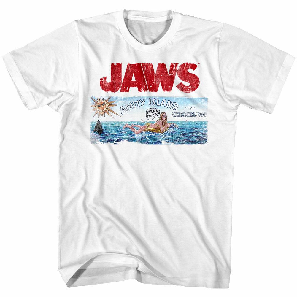 Jaws Amity Island Vintage Postcard Men T Shirt Help Shark Swimmer Ocean Merch XXXL