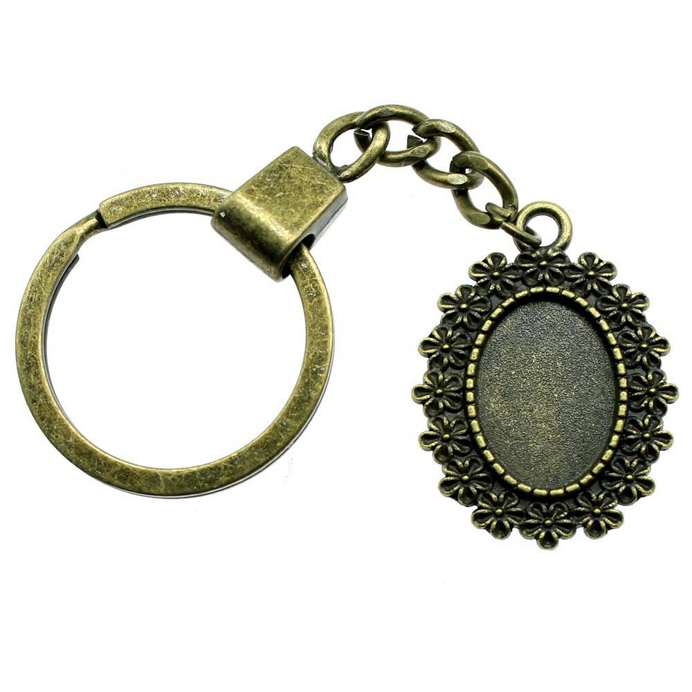 Heart Elliptical Glass Cabochon Base Setting Tray Blank Antique Bronze Metal Keychain for Family Gift