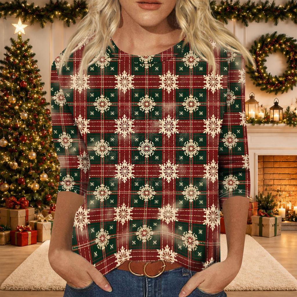 Women's Casual Christmas Print Three-Quarter Sleeve Neck Top