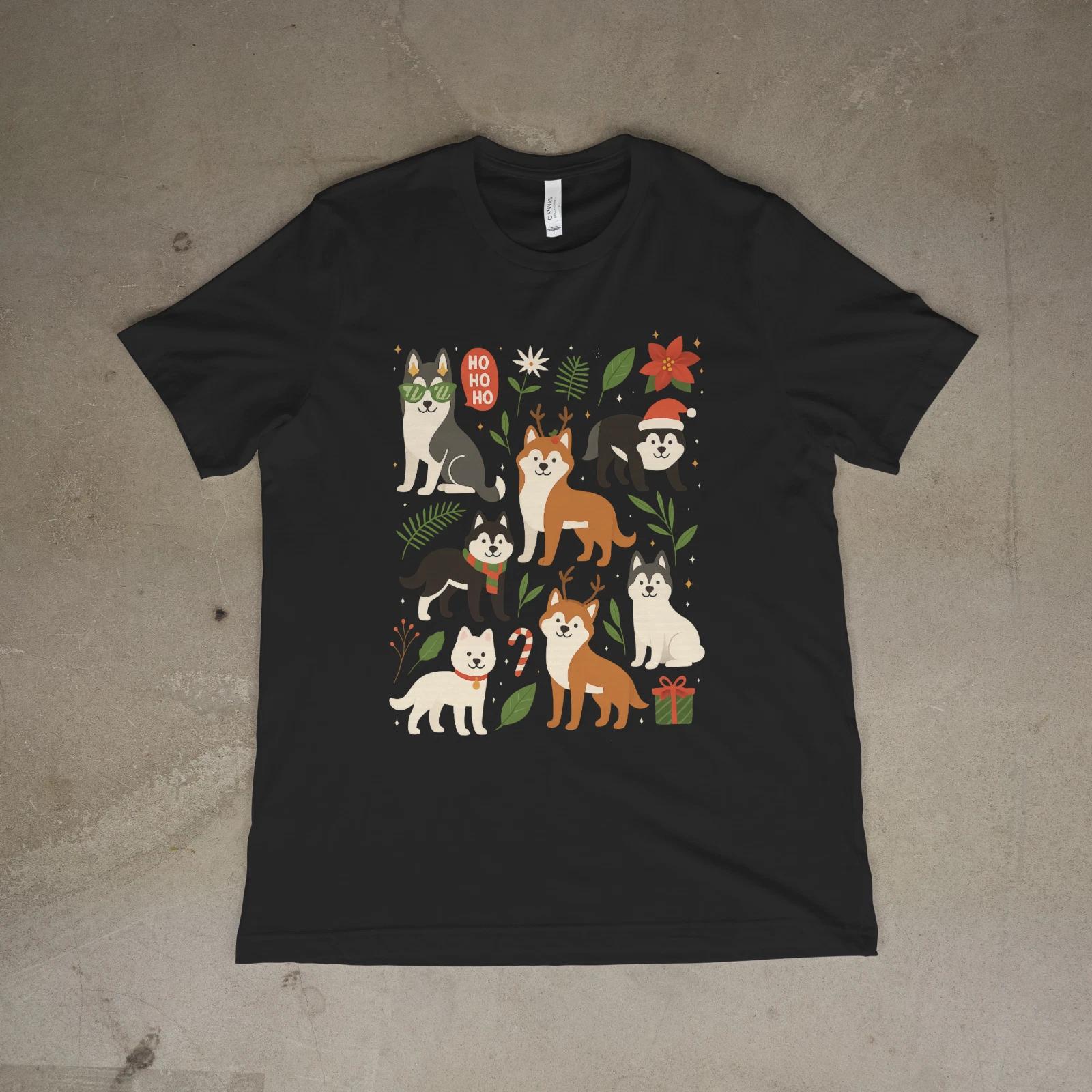 Christmas Huskies T-Shirt Cute Husky Dogs Holiday Graphic Unisex Tee M