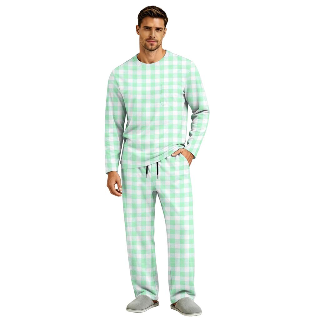 Men's Pajama Set Long Sleeve Top and Long Pants with Button Crotch and Elastic Drawstring Waist for Home Loungewear