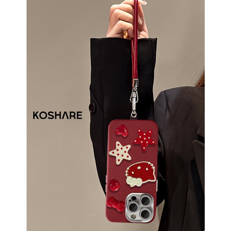 Star kt cat lanyard is suitable for Apple 16 mobile phone case 15 fine hole leather pattern 14 red 13 pro lens film anti-drop