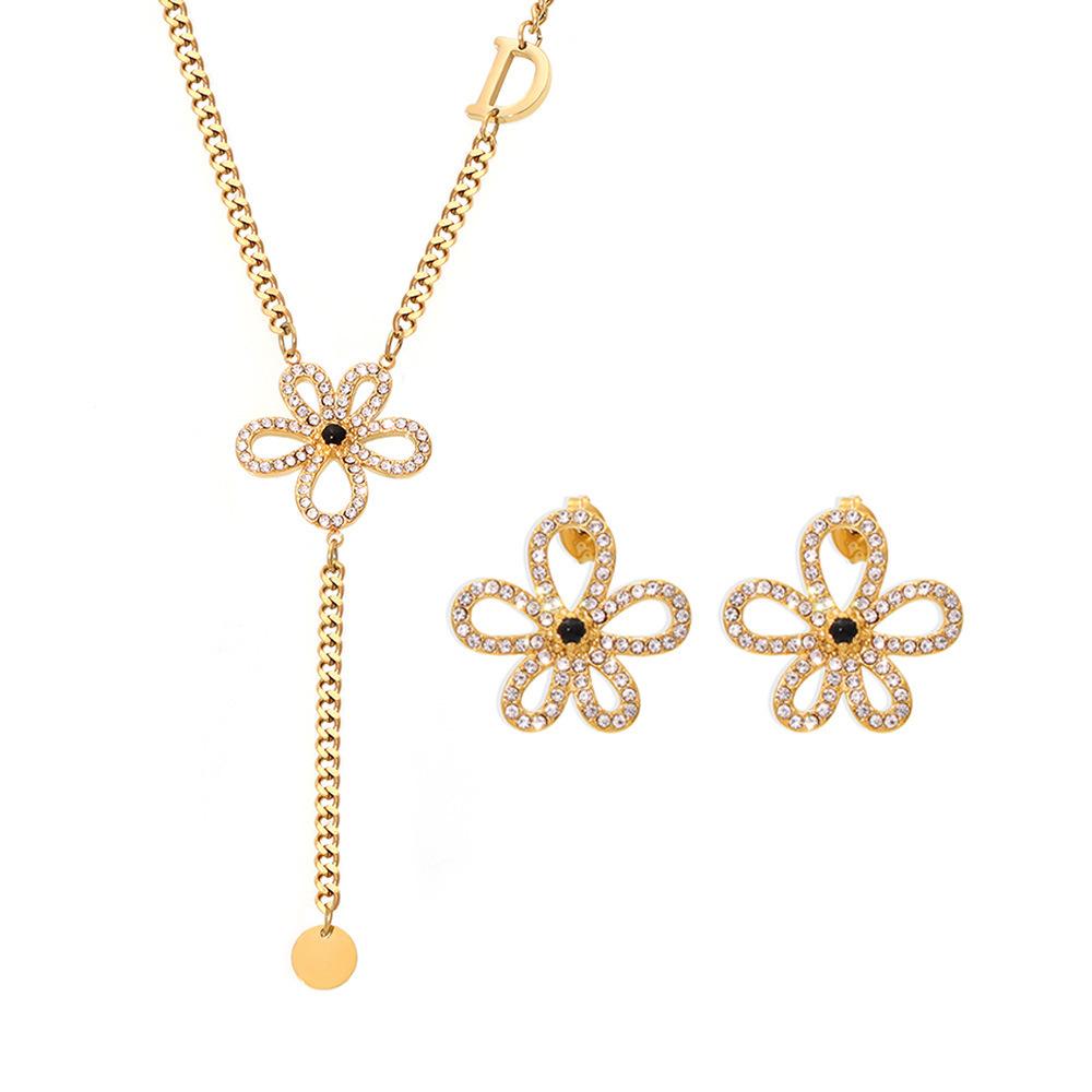 Women's European American Flower Zircon Earrings Necklace Jewelry Set Titanium Steel Plated 18k Gold Color Earrings