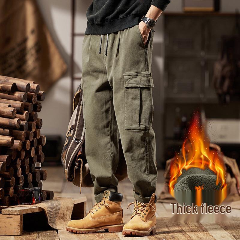 Men's Retro Work Pants: 2025 Heavyweight Fleece-Lined Casual Trousers for Autumn/Winter