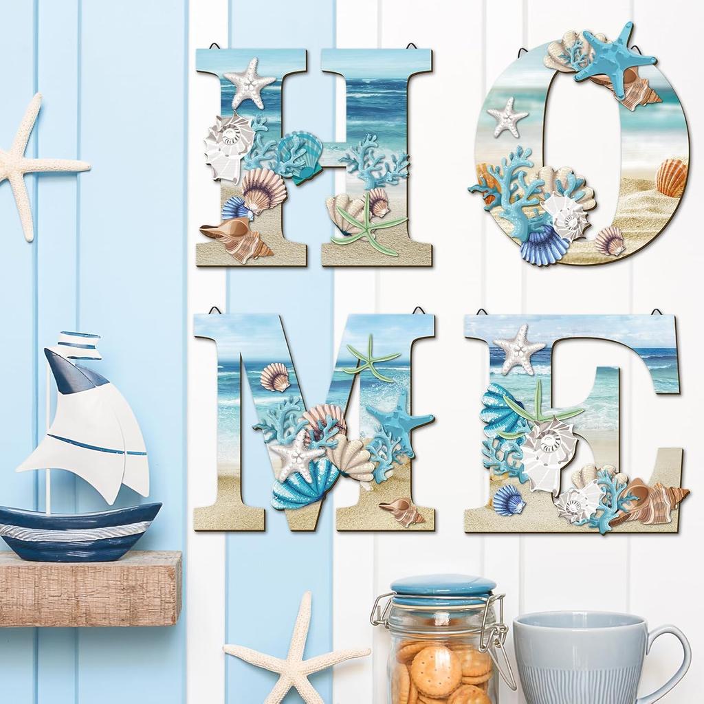 4 Pcs Wood Home Sign Coastal Beach Wall Decor Beach Style Signs Blue Starfish and Shell Wall Decor Beach Theme Sign for Home Letters Hanging Wall