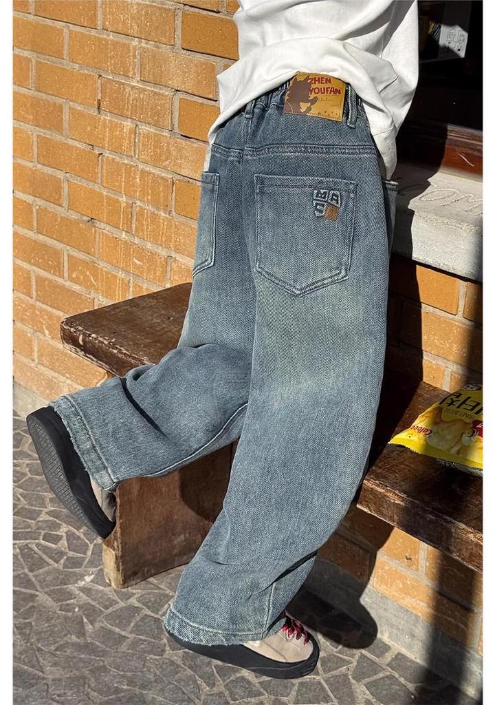 Barnbyxor i mjuk denim, lösa bananbyxor - 2026 Koreansk stil, avslappnade, vida ben för medelstora och stora pojkar