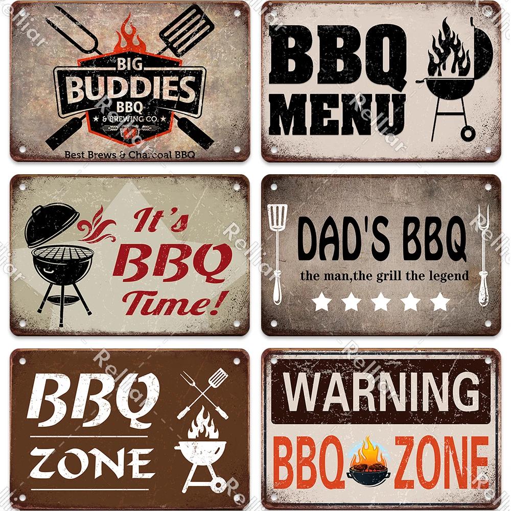 BBQ Party Metal Tin Plaque Retro Yard Garden Wall Decoration Signs Marked Barbecue Rules Slogan Plate Vintage Grill Poster
