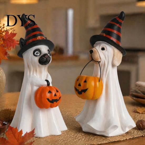 Accenti Decorativi per Halloween, Statuetta Cane Fantasma, Statua in Resina Zucca con Cappello da Mago, Carino Decorazione da Tavolo, Bomboniere per Ingresso, Bar, Finestra, Festa, Adorabile