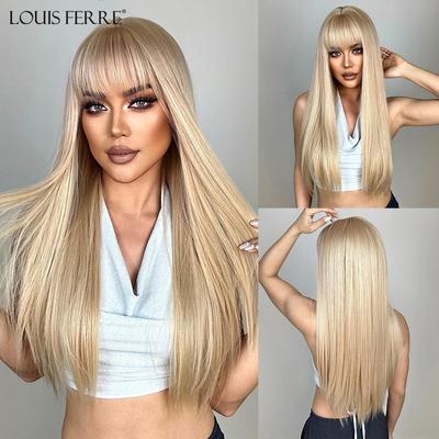 Blonde goldene synthetische Perücken für weiße Frauen, lange glatte Perücke mit Pony, hitzebeständig, für den Alltag, Cosplay, natürliches Haar