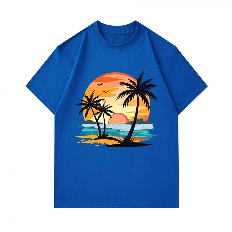Men's 100% Cotton Crew Neck Short Sleeve T-Shirt, Retro Palm Tree Sunset Beach Print Casual Summer Comfortable Breathable Tee for Daily Tropical Vacat