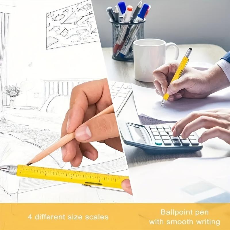 6-in-1 Heavy-Duty Multitool Pen - Water-Resistant, Retractable, Metal Construction With Medium Point, Ballpoint Pen, Ruler, Stylus, Level, Screwdriver