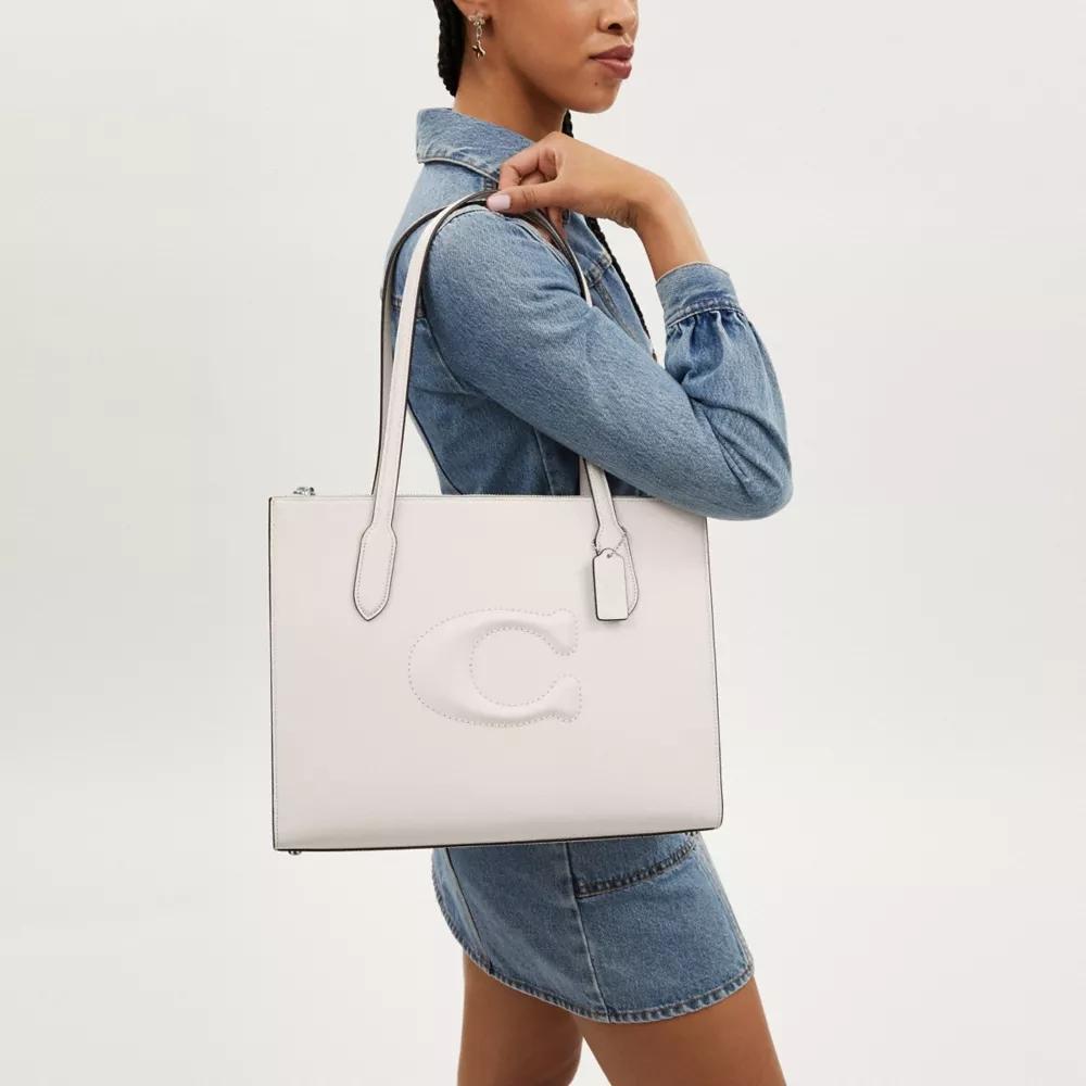 Coach Nina Tote 36 Logo Magnetic Snap Cowhide Tote Shopping Bag Women tote Silver Chalk-White CR096-SVHA