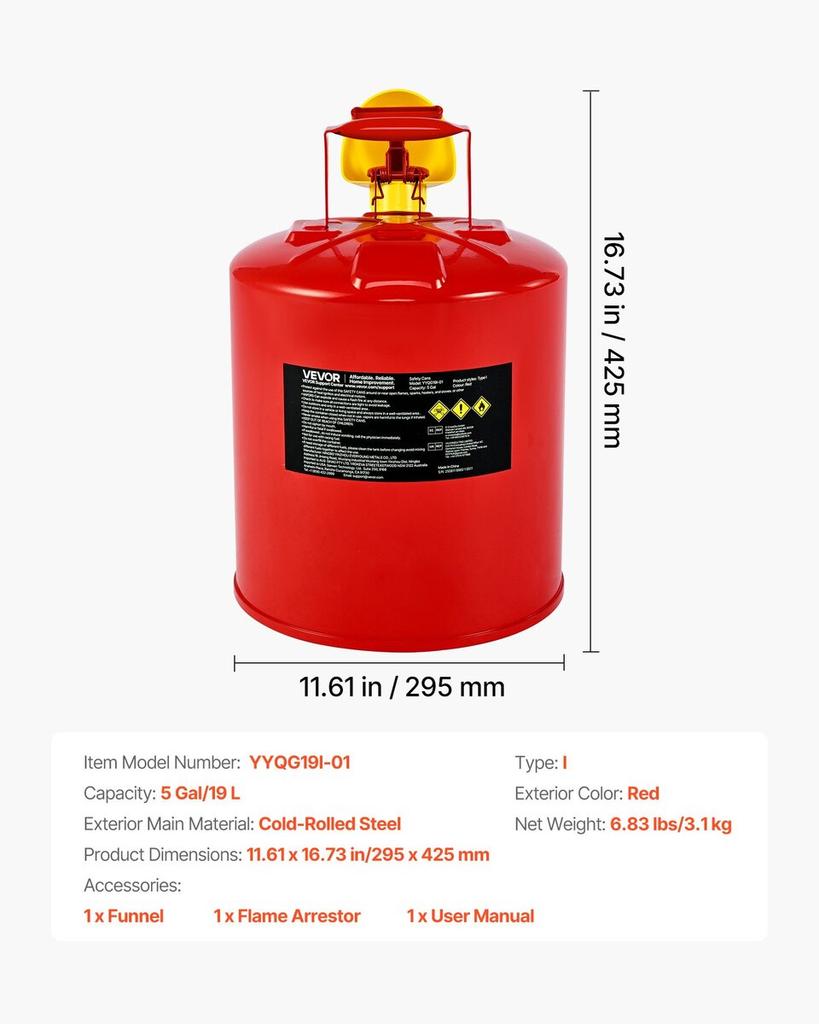 Safety Gas Can, 19 L Type I Red Safety Can for Gasoline with Stainless Steel Flame Arrester, Self-Closing Lid, and PE Funnel, Carbon Steel Flammable