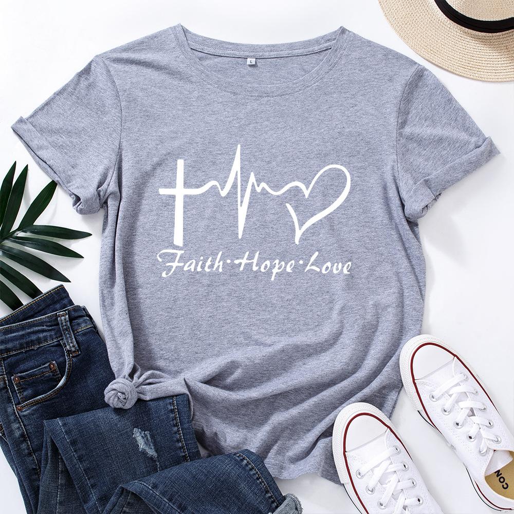 Faith Creative Alphabet Cotton T-Shirt Short Sleeve Round Neck Women 2d Print Tops