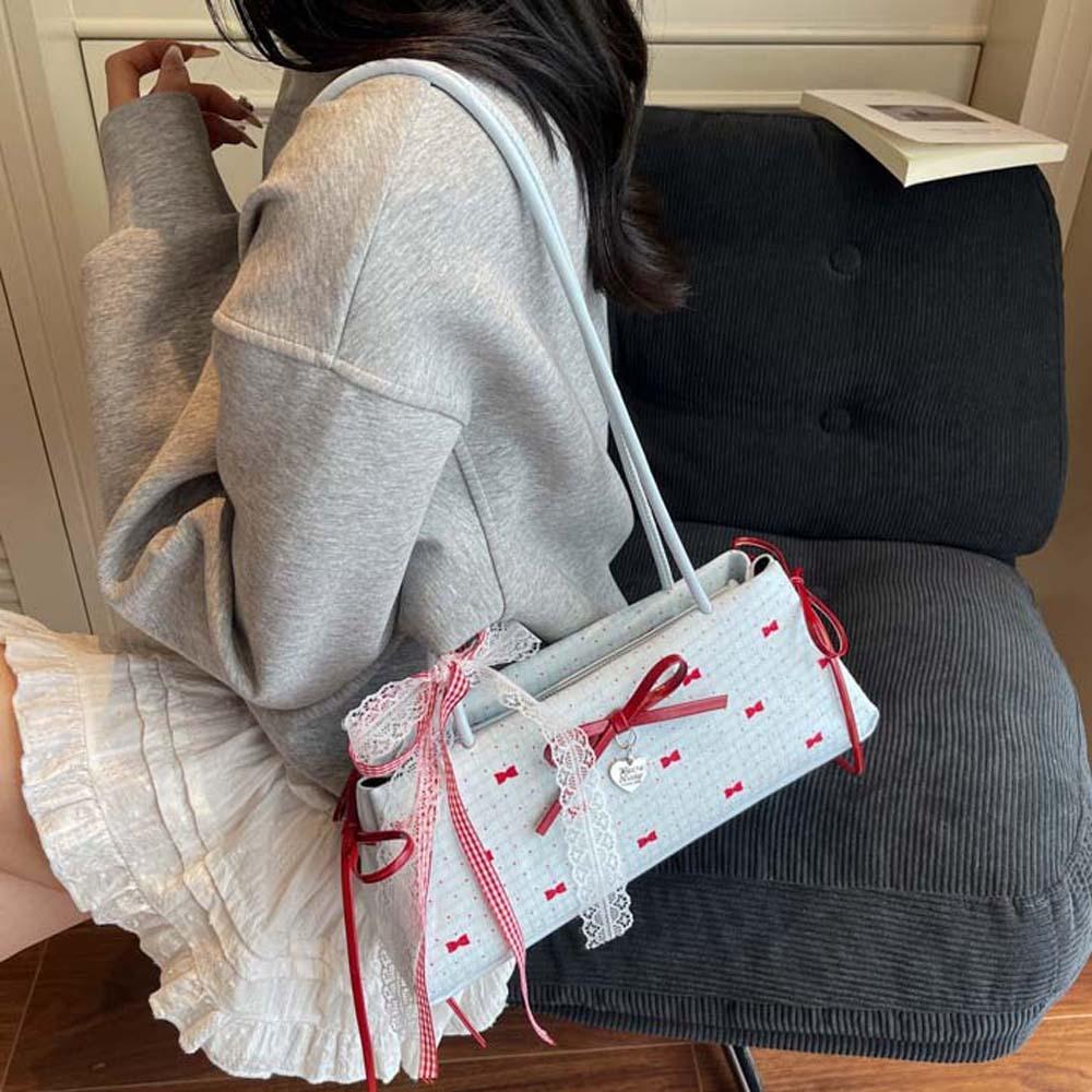 Lace Ribbon French Stick Handbag Sweet Underarm Bags Portable Bow PU Shoulder Bag  Girls