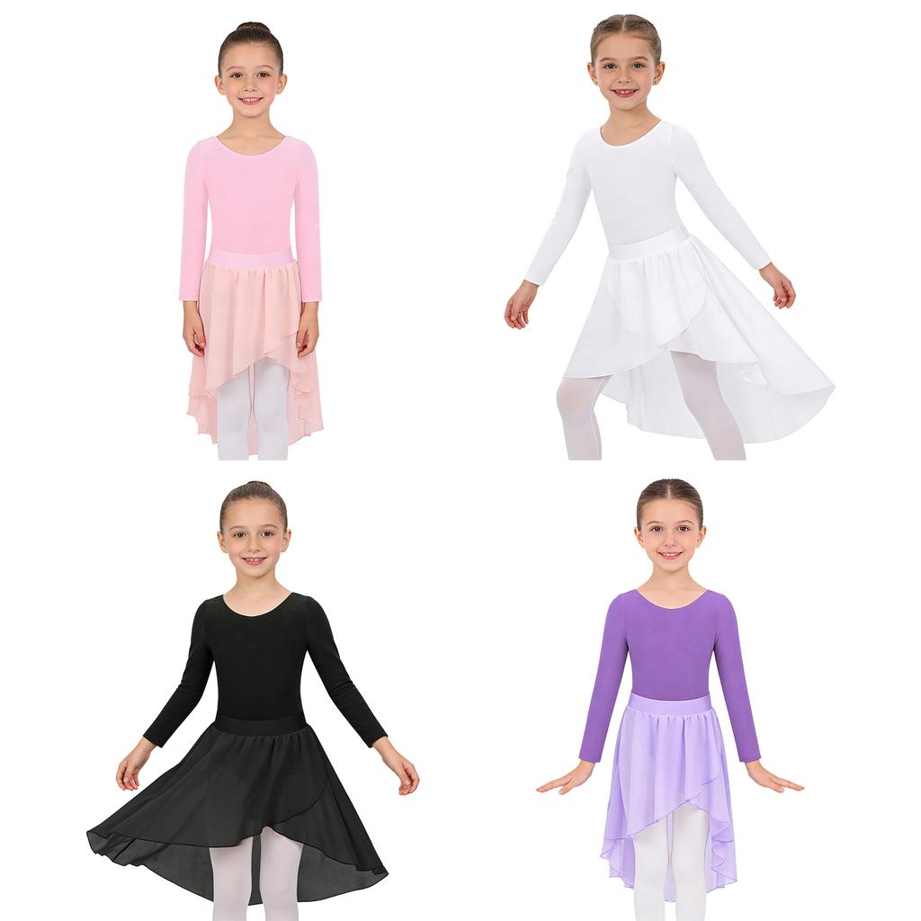 Girls Ballet Dance Practice Performance Long Sleeve Leotard High Low Elastic Waistband Chiffon Skirt Outfit