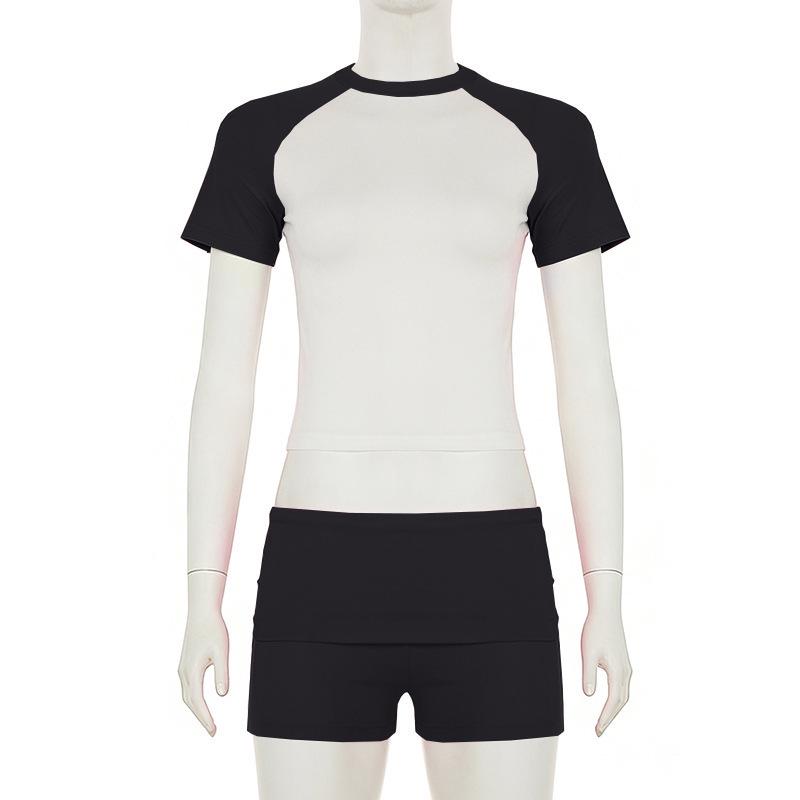 European-American Raglan Color-Block Sports Suit: Short-Sleeve Top, Solid Shorts & Headband