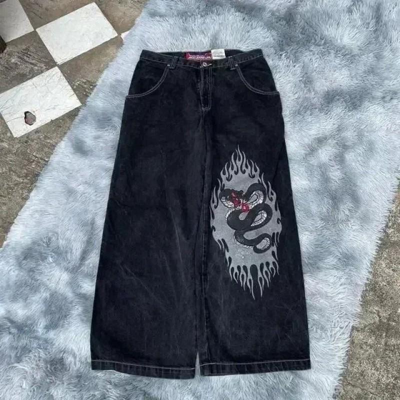 Mens Y2K Streetwear Denim Pants Loose Fit High Waist Retro Graphic Straight Leg Jeans