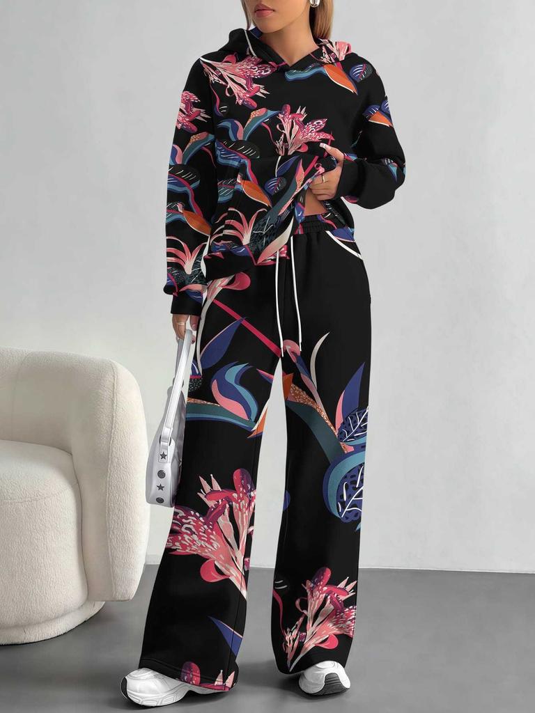Europe, America Autumn and Winter 1116 Casual Retro Flower Long-sleeved Suit Women's Hooded Sweater Trousers Two-piece Set