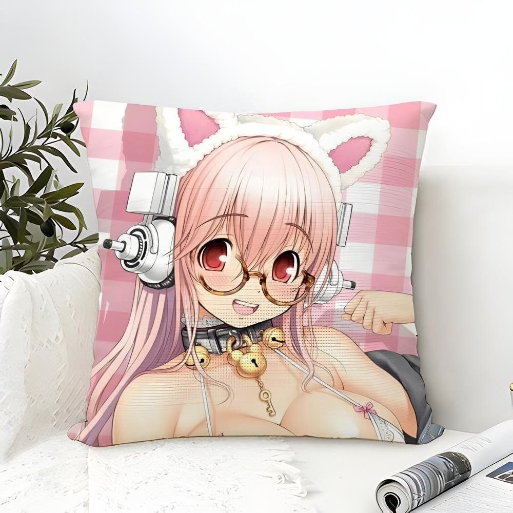 Süße sexy Anime-Charaktere SUPER SONICO Kissenbezug Baumwoll-Leinen-Stoff Quadratischer Reißverschluss Kissenbezug Heimdekoration Wohnzimmer
