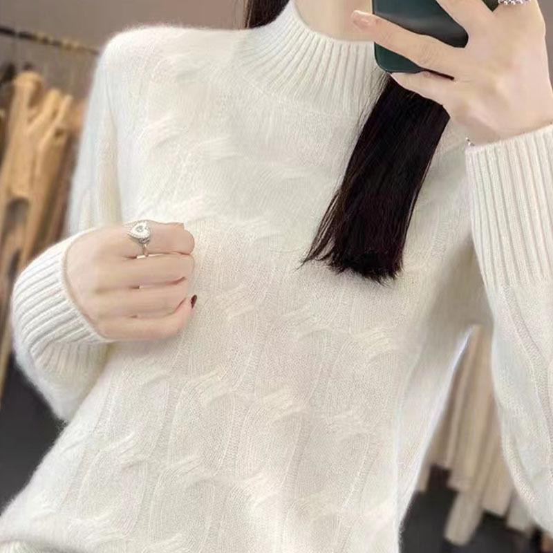 2024 Autumn/Winter Women's Stylish Thickened Cable Knit Wool Sweater - Half-High Neck, Soft & Warm Knitwear Base Layer